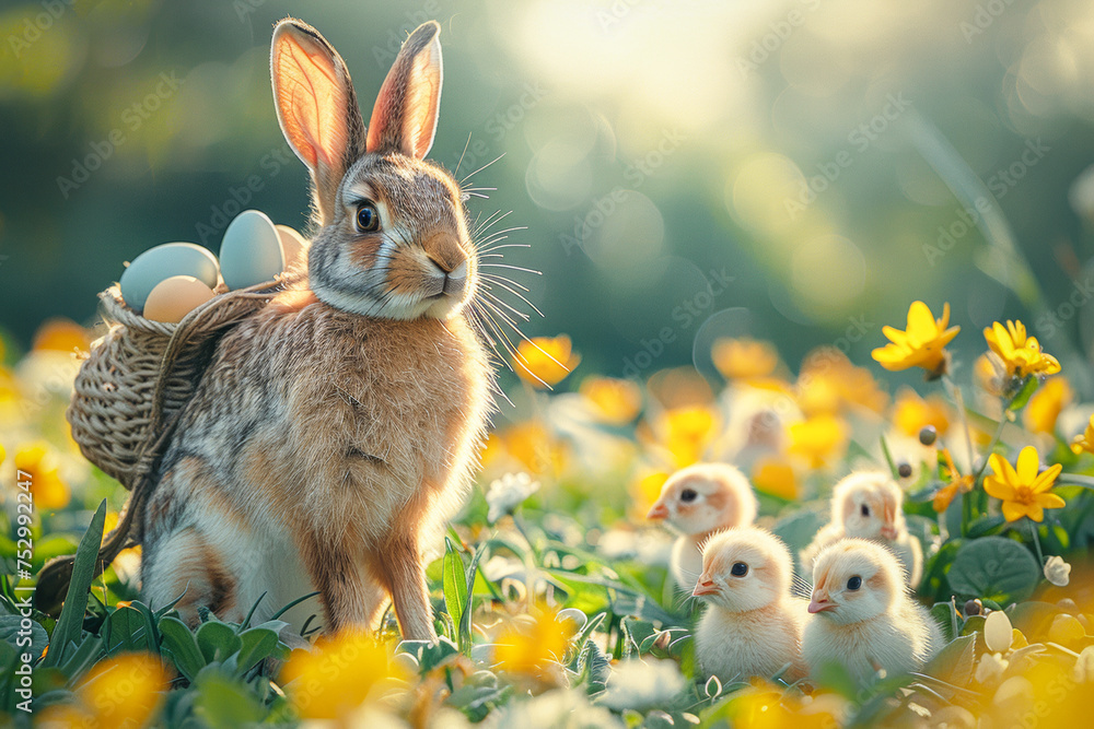 Osterhase mit Rucksack voller Ostereier steht neben einigen niedlichen ... Osterhase mit Rucksack voller Ostereier steht neben einigen niedlichen ...