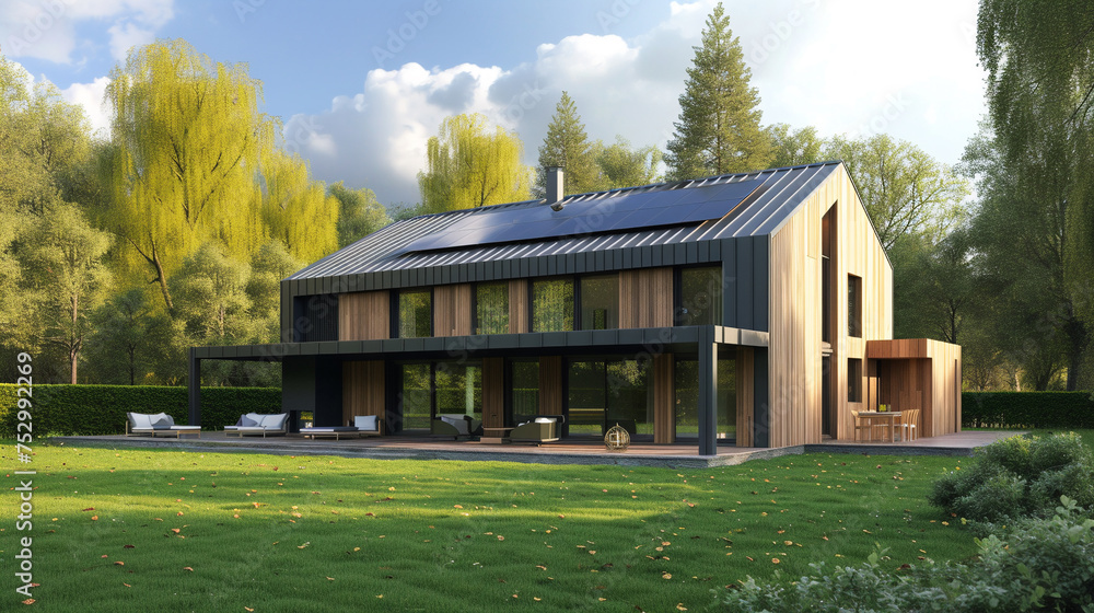 custom made wallpaper toronto digital3d rendering of modern cozy house with parking and pool for sale or rent with wood plank facade. Clear sunny summer day with blue sky. AI.