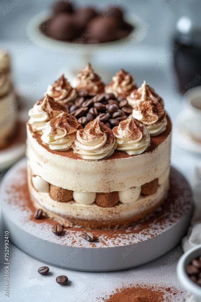 A close up shot of a stunning Tiramisu Cake decorated with coffee and cocoa cream gently passed on a gray base on a cool gray painted wooden table. A close up shot of a stunning Tiramisu Cake decorated with coffee and cocoa cream gently passed on a gray base on a cool gray painted wooden table.