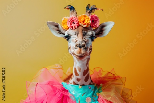 Giraffe with Floral Headdress and Pink Tutu