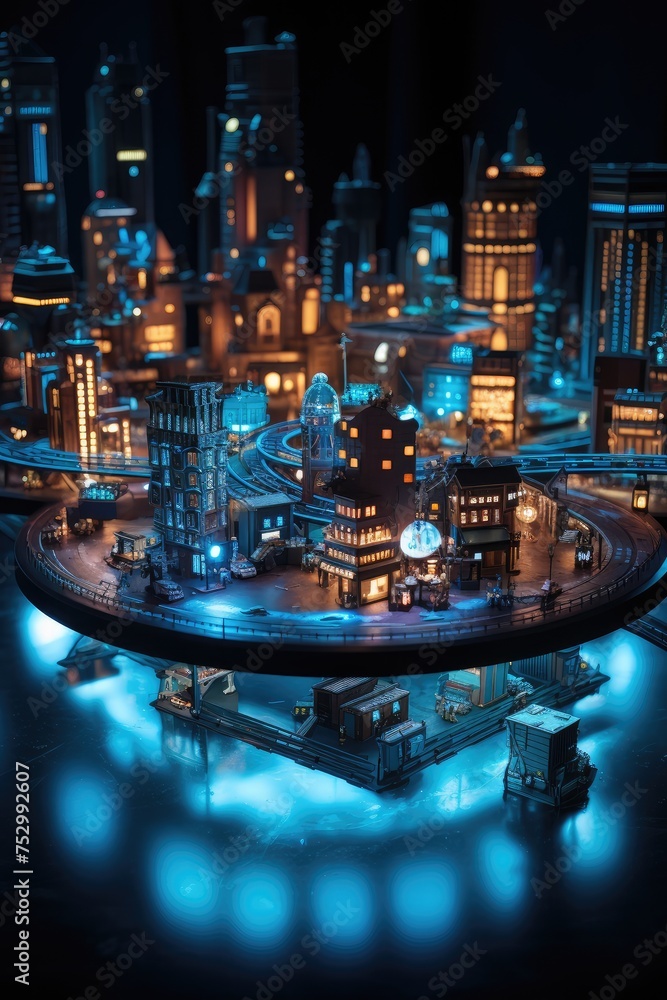 Futuristic Miniature Cityscape Glowing in the Dark