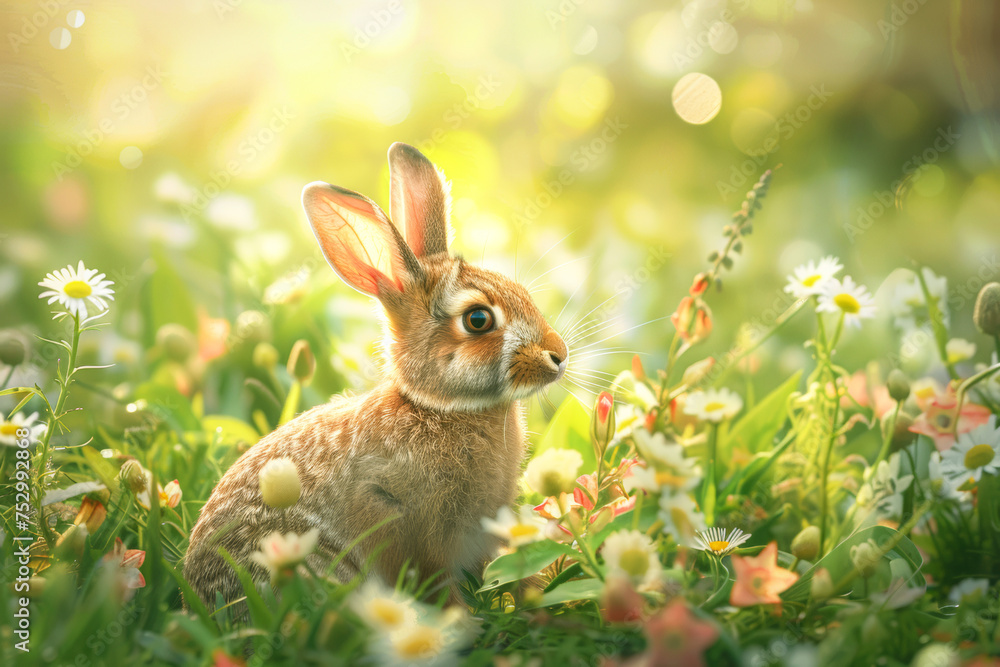 Niedlicher Hase zur Osterzeit auf einer sonnigen, bunten Frühlingswiese. Illustration - erzeugt mit Generative AI. Niedlicher Hase zur Osterzeit auf einer sonnigen, bunten Frühlingswiese. Illustration - erzeugt mit Generative AI.