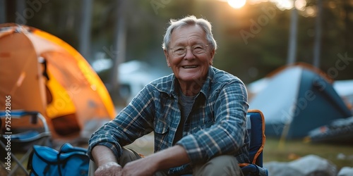 Elderly man wearing a smile enjoys a vibrant outdoor lifestyle and camping. Concept Outdoor Photoshoot, Elderly Lifestyle, Camping Joy, Vibrant Smiles, Nature Adventure