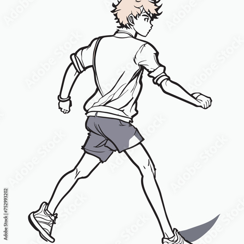 no background, back view of a lanky, sad asia young man, short hair, running slowly away from camera, skirts, full body,including feet and head, summer wear, no bg, vector illustration line art