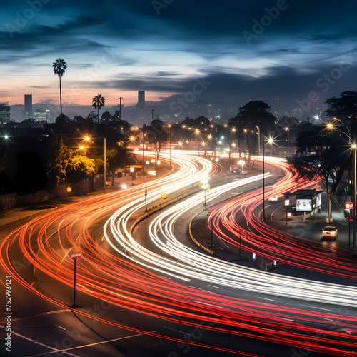 Busy intersection with light trails from traffic.