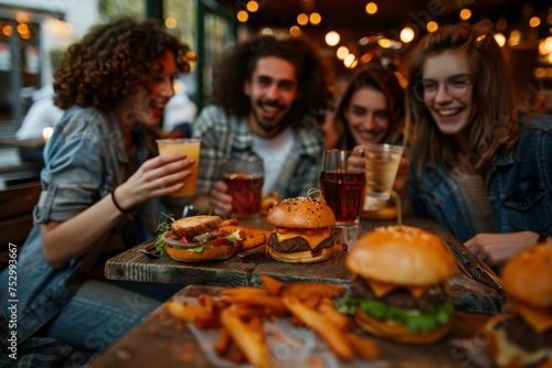 A group of young people having a good time eating hamburgers, fries and drinks in a restaurant
