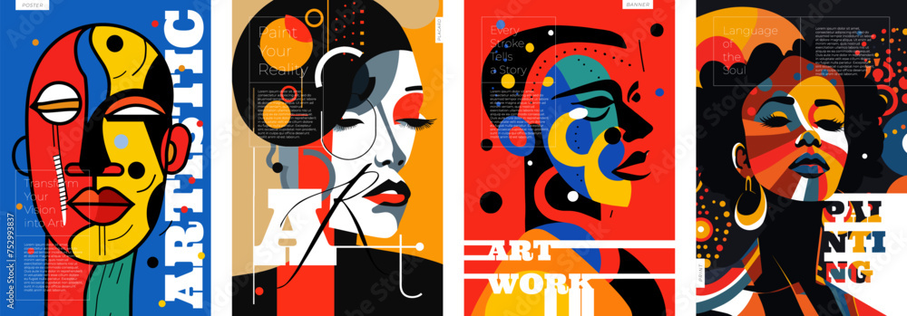 Abstract artistic contemporary graphic poster. Person color portrait abstraction creative collage in minimal shapes with inscription. Primitive design print concept. Colorful fashion exhibition art
