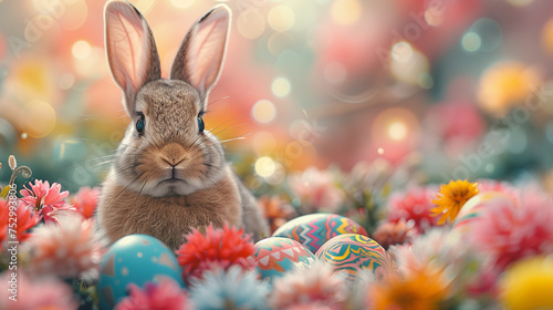 A cute bunny rabbit with colorful easter eggs in front of it in a fancy background and flowers in the flower yard. Can be used as a postcard image, or poster to celebrate Easter Day. 
