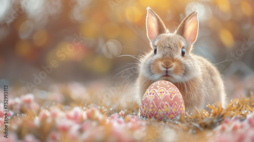 A cute bunny rabbit with a pink, yellow, and white easter egg in an autumn background and flowers on the grassland. Can be used as a postcard image, or poster to celebrate Easter Day. 