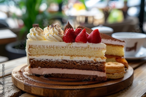 Slices of delicious cakes on a wooden table in a coffee shop. slice of tasty cake with biscuit on top.