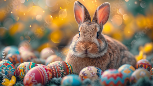 A cute bunny rabbit with colorful easter eggs in front of it in a fancy background and flowers in the flower yard. Can be used as a postcard image, or poster to celebrate Easter Day. 