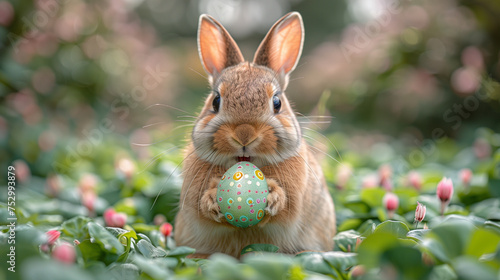 A cute bunny rabbit with a green, blue, and white easter egg in a spring background and flowers on the green yard. Can be used as a postcard image, or poster to celebrate Easter Day. 