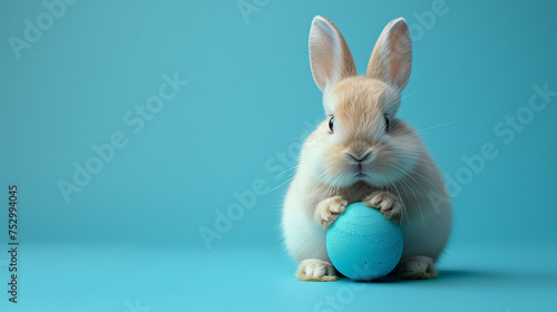 A cute bunny rabbit with a blue and white easter egg on a pure blue paper background. Can be used as a postcard image, or poster to celebrate Easter Day. 