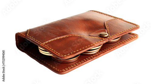 Classic Brown Leather Wallet Filled With Coins - Transparent background, Cut out