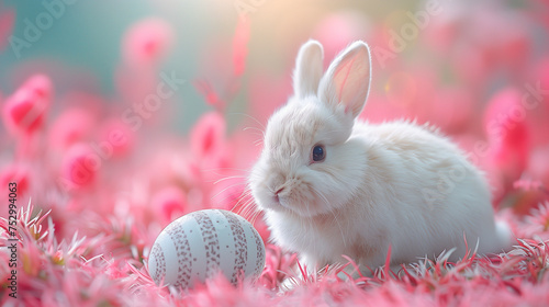 A cute bunny rabbit with a pink and white easter egg on a fancy pink background with pink flowers and grass in the yard. Can be used as a postcard image, or poster to celebrate Easter Day. 