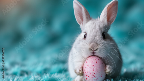 A cute bunny rabbit with a pink and red easter egg on a fancy blue background with a blue grassyard. Can be used as a postcard image, or poster to celebrate Easter Day. 