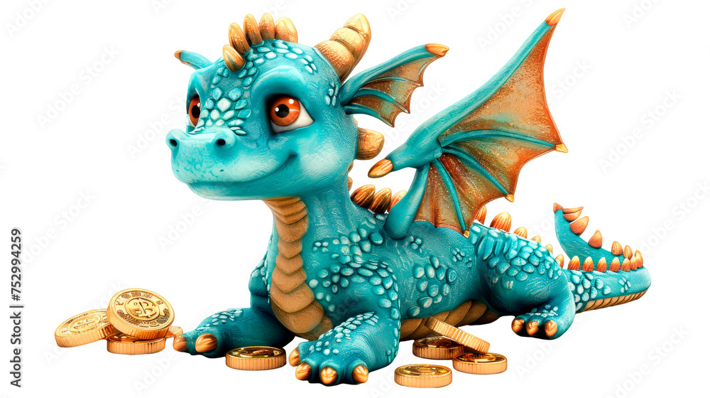 Blue Dragon Figurine Atop Pile of Coins - Transparent background, Cut out Blue Dragon Figurine Atop Pile of Coins - Transparent background, Cut out