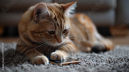 Cute Tabby cat playing with smartphone. Funny, furry, cute, playful. Smartphone, cellphone, mobile phone.