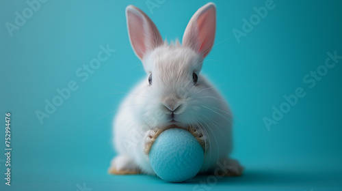 A cute bunny rabbit with a blue and white easter egg on a pure blue paper background. Can be used as a postcard image, or poster to celebrate Easter Day. 