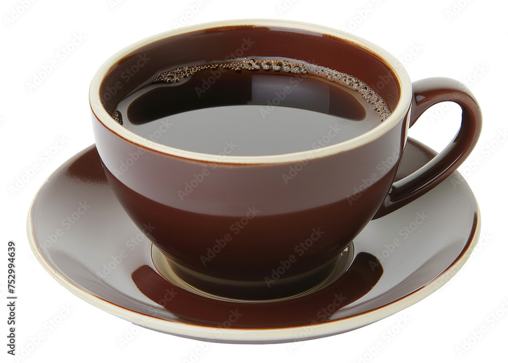 Hot cup of black coffee, aromatic morning beverage to start the day on transparent background - stock png. Hot cup of black coffee, aromatic morning beverage to start the day on transparent background - stock png.