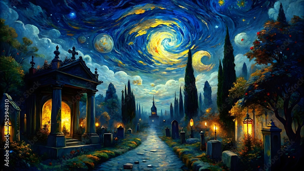 Starry Night over a Mystical Cemetery