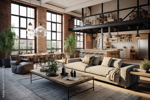 Inviting modern living space with a mix of Scandinavian and industrial elements, creating a unique ambiance. © Usman