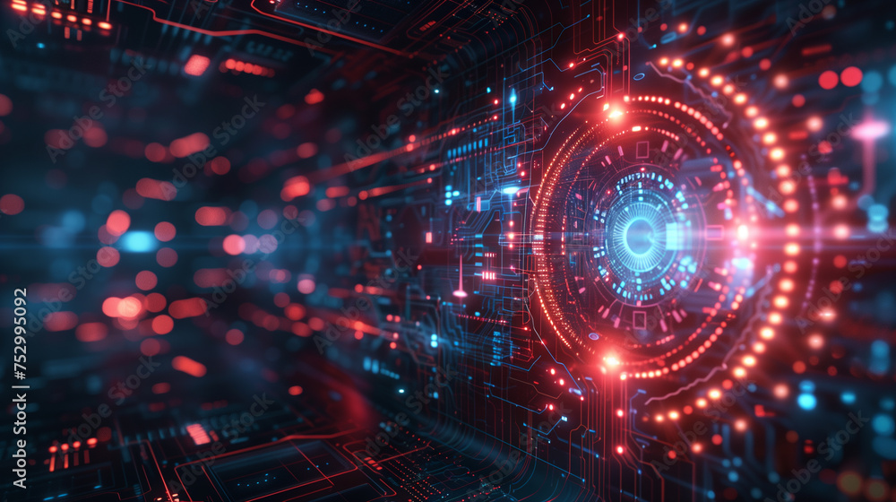 Abstract image of a digital interface with a focus on cybersecurity, featuring glowing circuits and a central lens flare effect.. Abstract image of a digital interface with a focus on cybersecurity, featuring glowing circuits and a central lens flare effect..