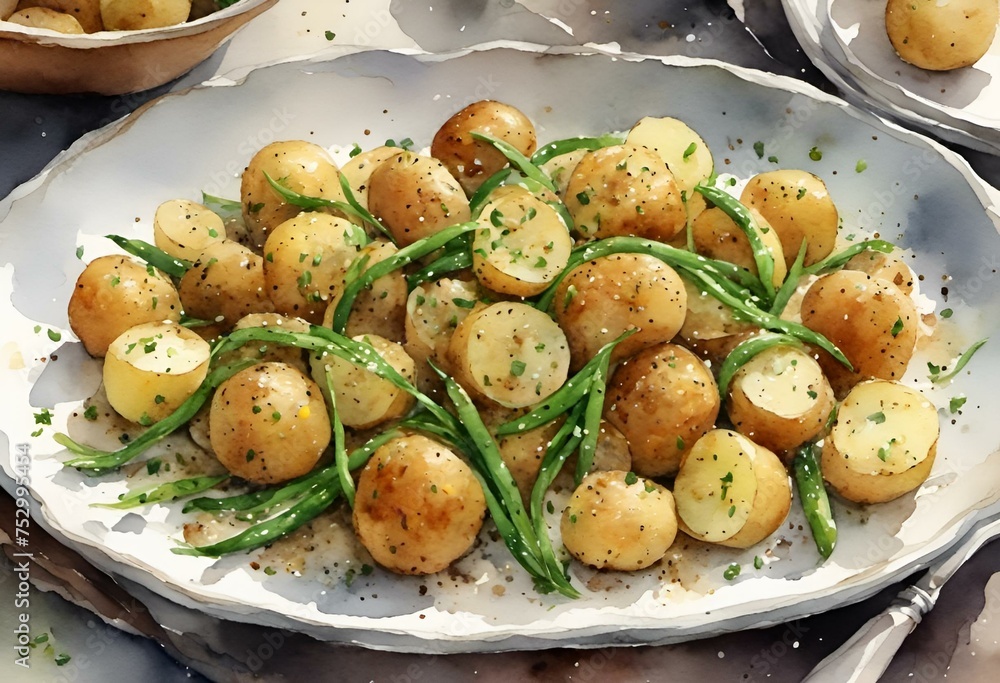 potatoes and green beans with sprinkled salt on a plate
