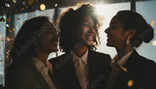 friends celebrating and laughing; group of female colleagues at a corporate event having fun