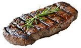 Juicy grilled steak with rosemary and black pepper seasoning on transparent background - stock png.