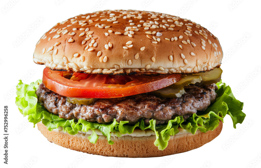 Classic cheeseburger with fresh lettuce and tomato on sesame seed bun on transparent background - stock png. Classic cheeseburger with fresh lettuce and tomato on sesame seed bun on transparent background - stock png.