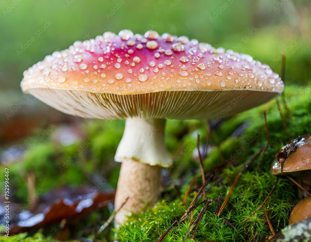 Fototapeta premium A mushroom with a pink cap covered in dew.