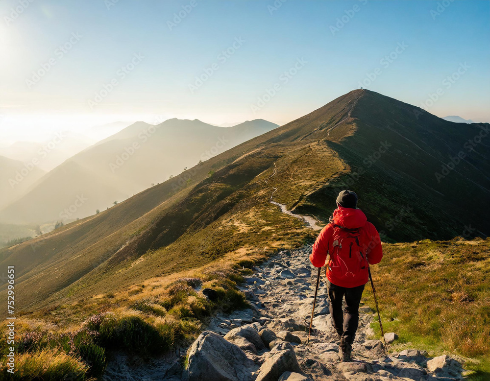 Obraz premium A solitary hiker in a red jacket ascends a rocky mountain path against a stunning backdrop of golden sunrise and misty mountain peaks.