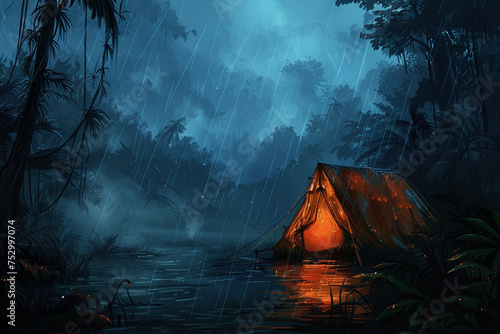 Mystical tent in a rainforest with atmospheric lighting