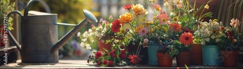 A picturesque display of vibrant garden flowers in pots with a classic watering can, bathed in golden sunlight.