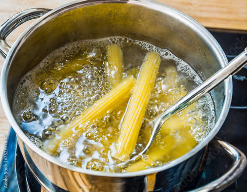 Boling water in pot for cooking pasta photo