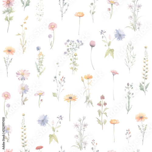 Floral watercolor seamless pattern banner with watercolor wild herbs and flowers. © ku4erashka