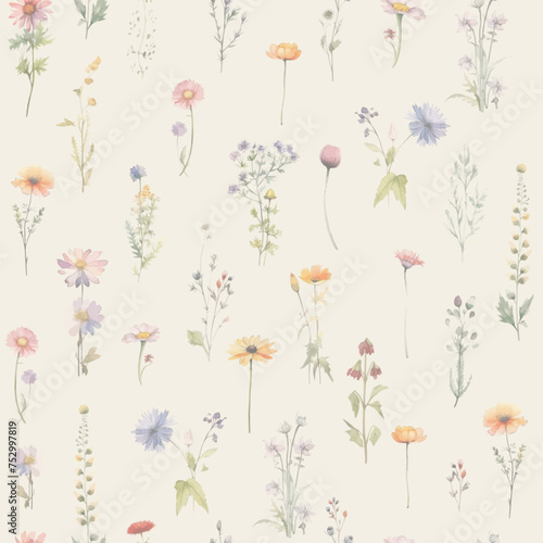 Floral watercolor seamless pattern banner with watercolor wild herbs and flowers.