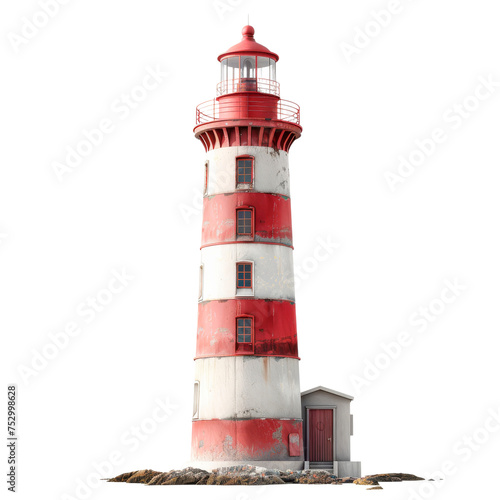 Red and White Lighthouse on Rock - Transparent background, Cut out