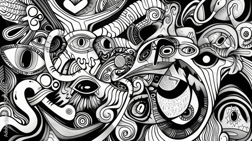 thin line art of doodling shapes , no shading, thin fine black lines white background