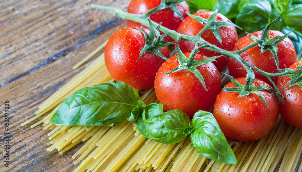 Italian food background with tomatoes and pasta Italian food background with tomatoes and pasta
