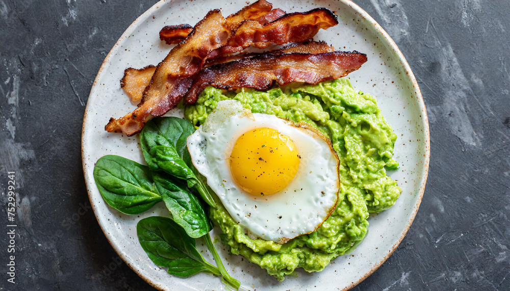 isolated keto friendly low carb breakfast plate with sunny side up eggs, mashed avocado, bacon strips and spinach shot from top view isolated keto friendly low carb breakfast plate with sunny side up eggs, mashed avocado, bacon strips and spinach shot from top view