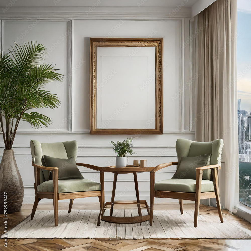 Living room design with empty frame mockup, two wooden chairs on white wall Living room design with empty frame mockup, two wooden chairs on white wall