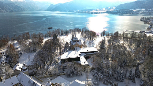 Toscana Park and Villa Toscana on Lake Traunsee in Gmunden in winter with snow