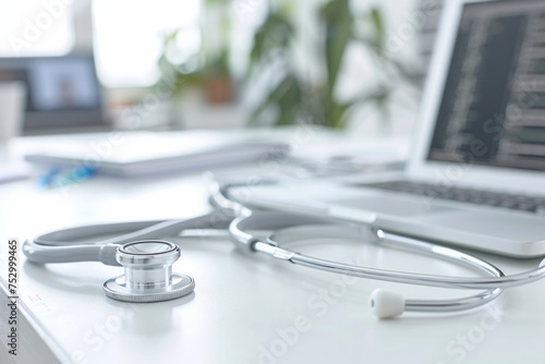Stethoscope and laptop on a desk suggesting medical research or telemedicine.