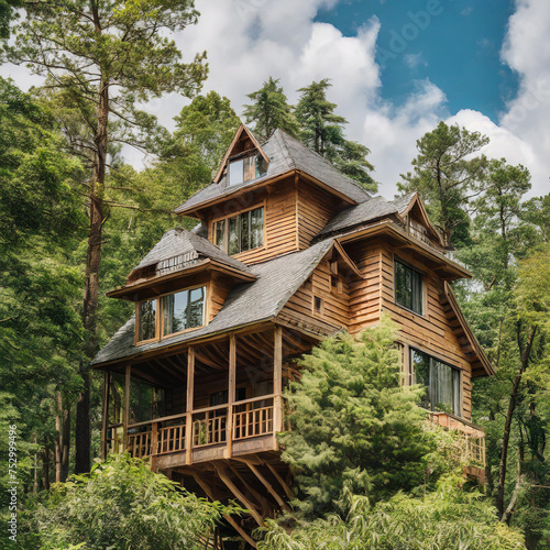 Luxury treehouse home architecture concept image with a wooden house in middle of lush tree forest