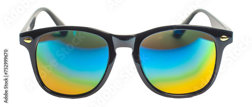 Trendy reflective sunglasses with colorful mirrored lenses for summer on transparent background - stock png.