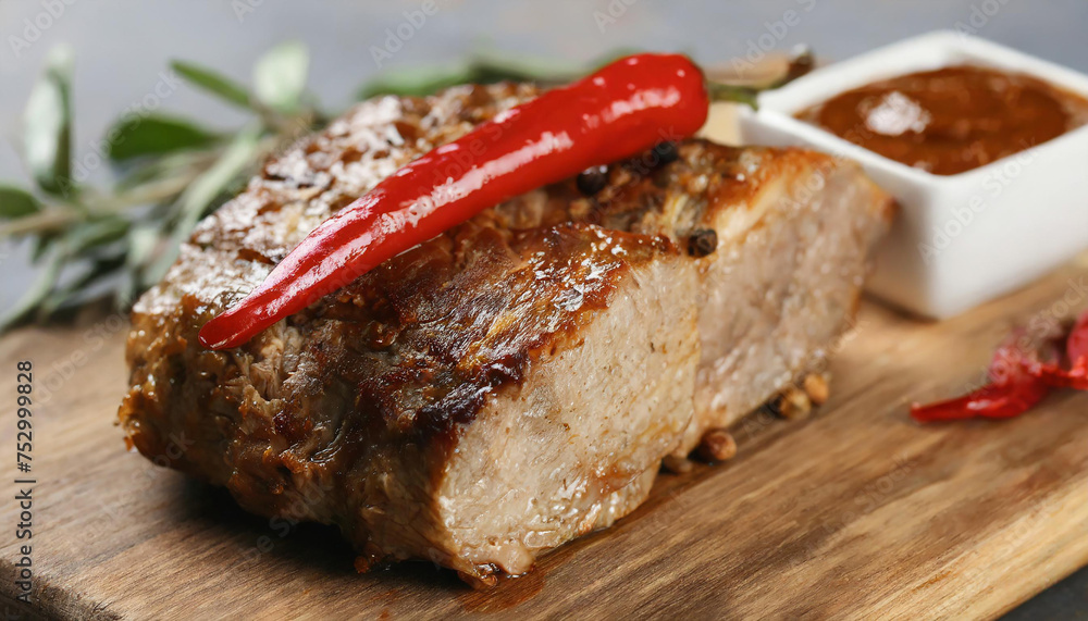 Piece of baked meat served with sauce and chili pepper on wooden board, closeup Piece of baked meat served with sauce and chili pepper on wooden board, closeup