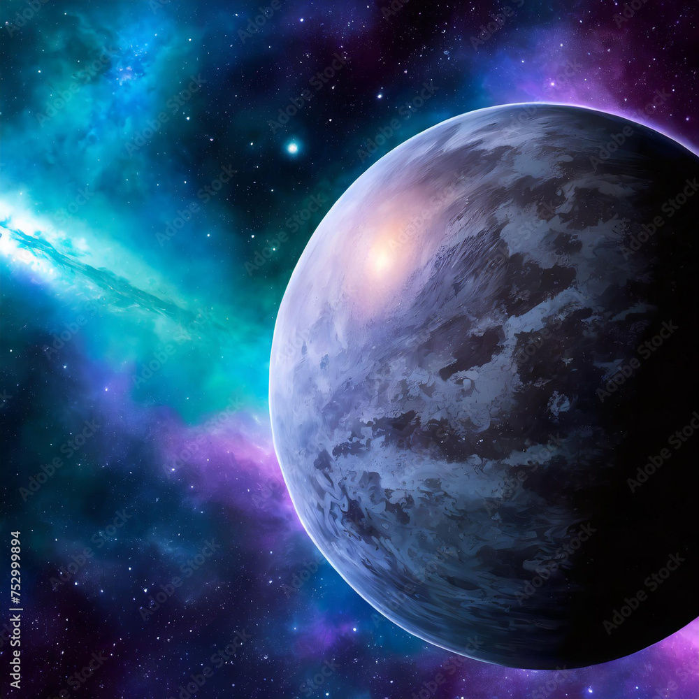 Fototapeta premium planet in space A space scene with an alien planet and a blue nebula. The image shows a realistic and detailed view