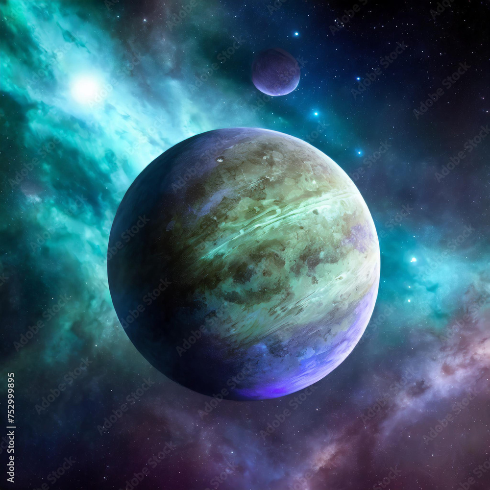 planet in space A space scene with an alien planet and a blue nebula. The image shows a realistic and detailed view planet in space A space scene with an alien planet and a blue nebula. The image shows a realistic and detailed view